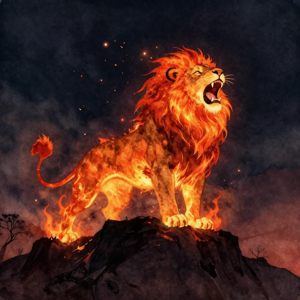 A majestic lion made of pure fire, roaring fiercely on a dar...
