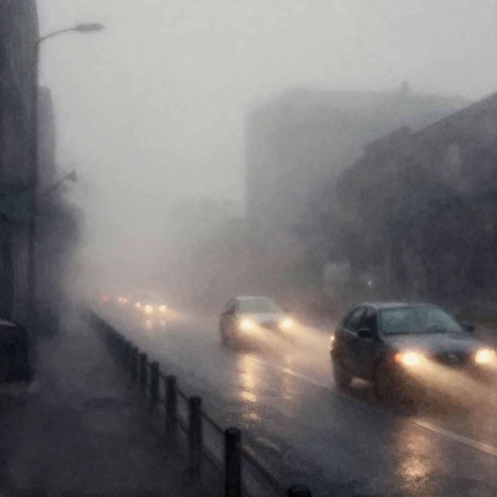 A moody, atmospheric scene of a city shrouded in thick fog a...