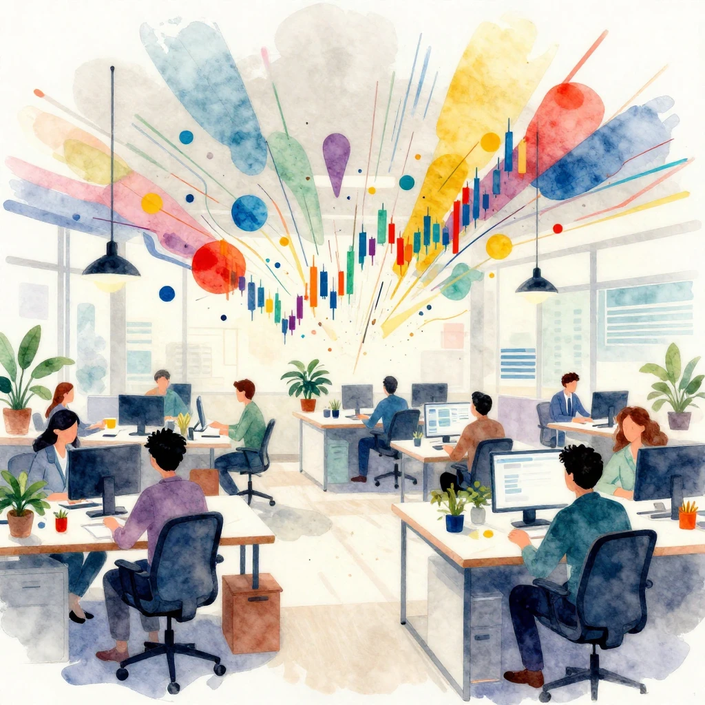 A vibrant watercolor illustration of a bustling open-plan of...