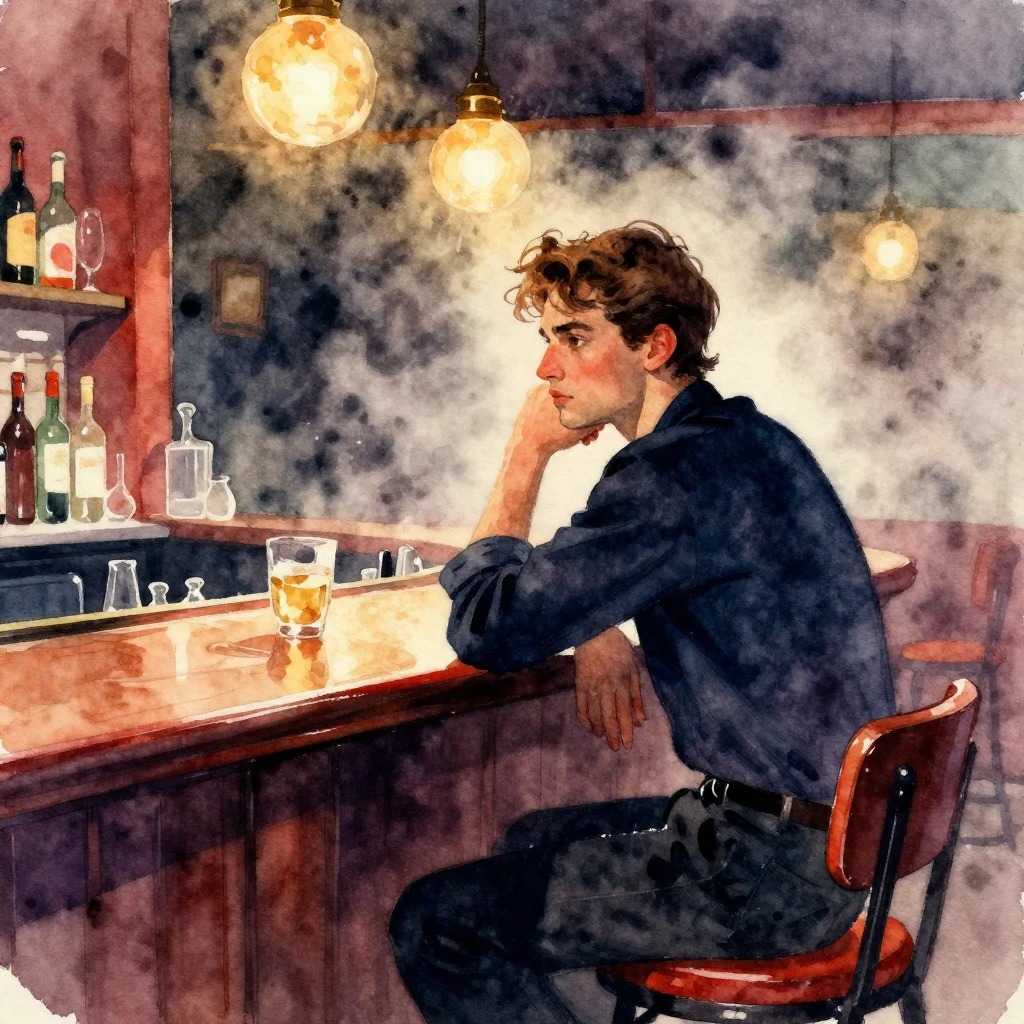 Vibrant watercolor style. A lone figure sitting at a bar cou...