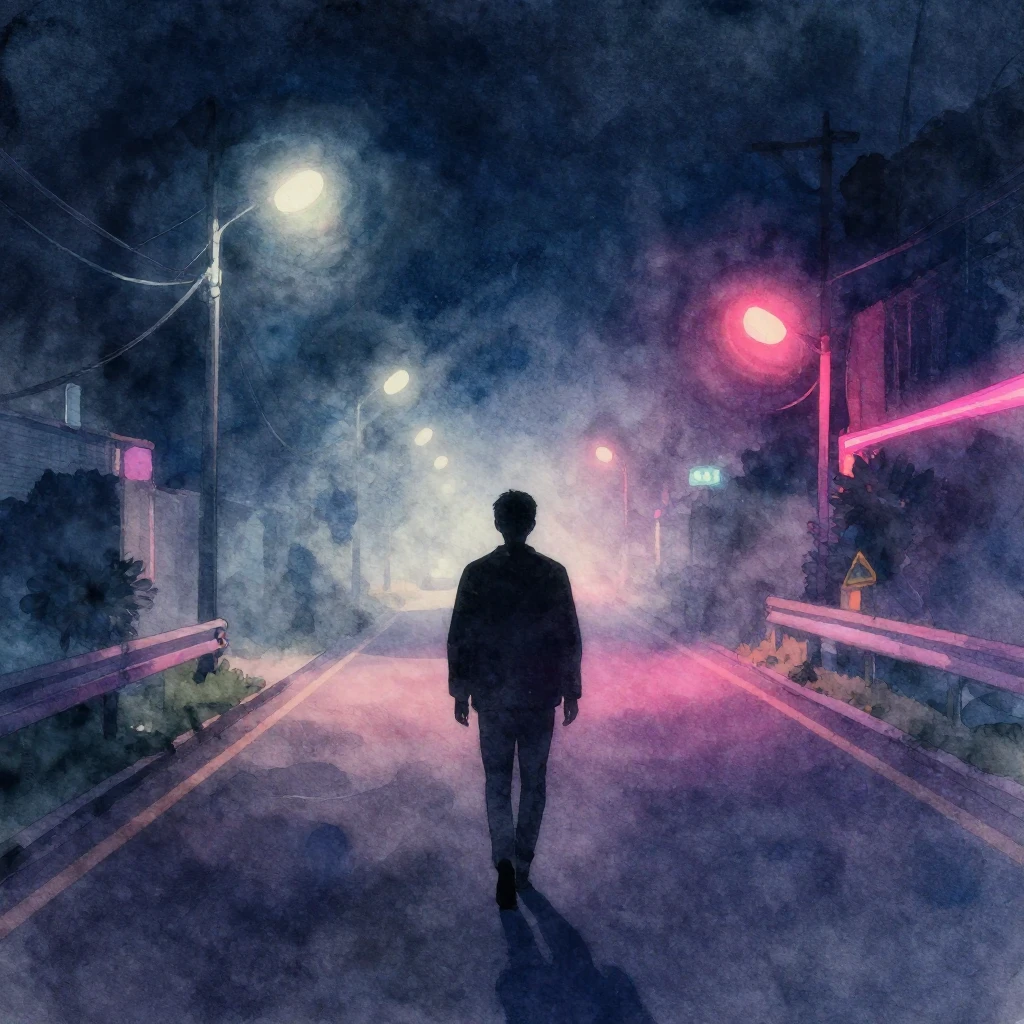 Abstract silhouette of a person walking away on a long, fogg...