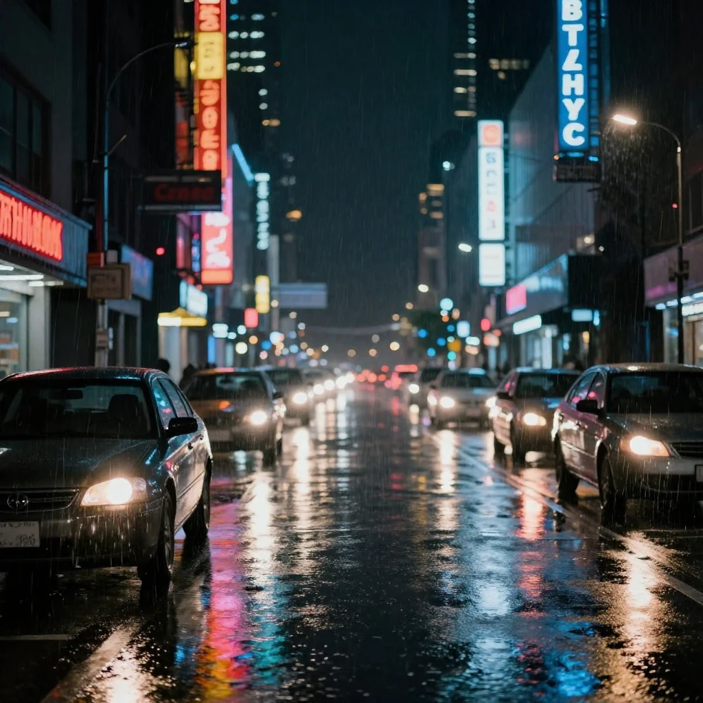 A city street at night in heavy rain, with reflections of vi...