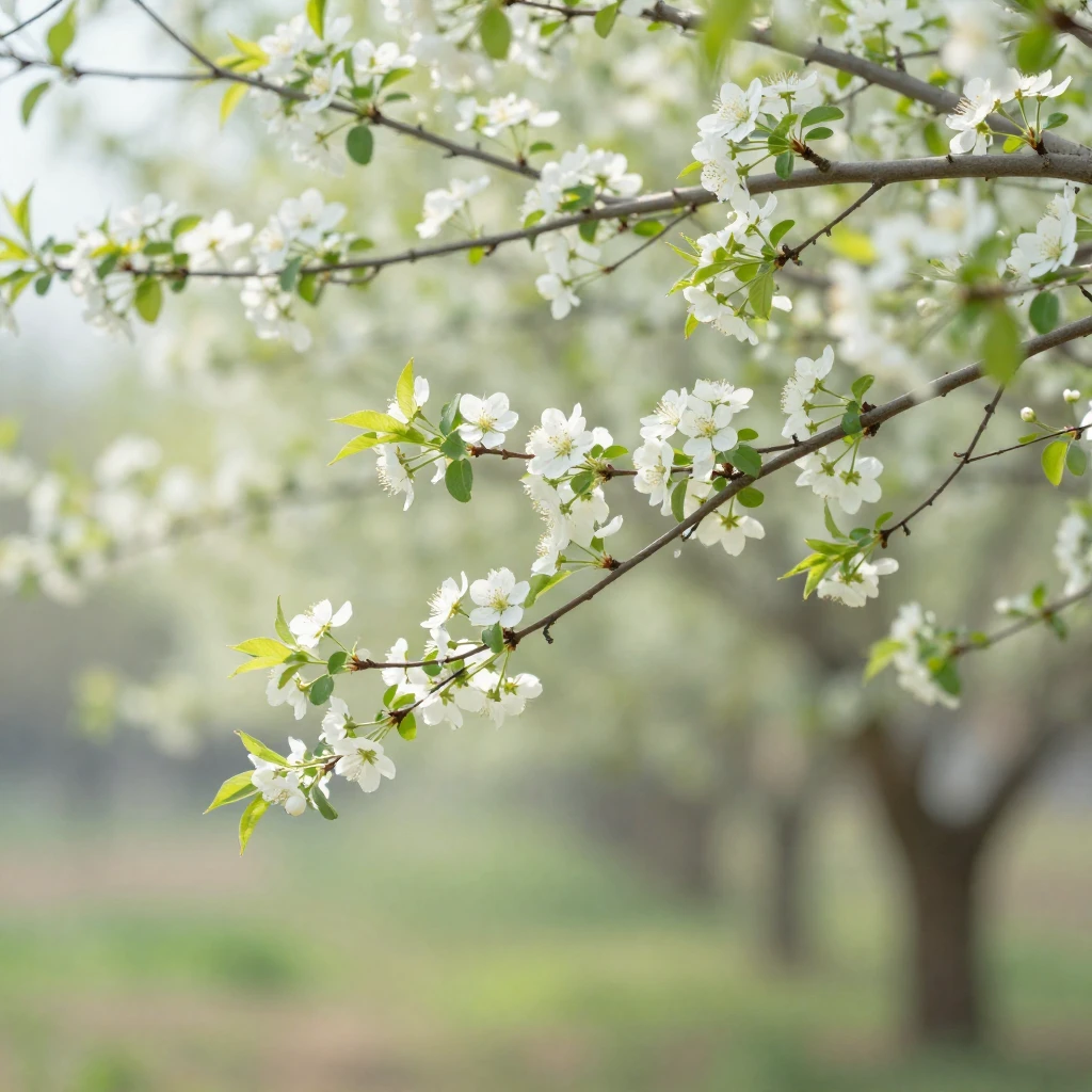 A serene, artistic landscape scene depicting early spring wi...