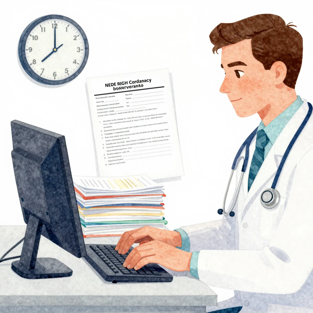 Vibrant watercolor style. A scene representing medical burea...