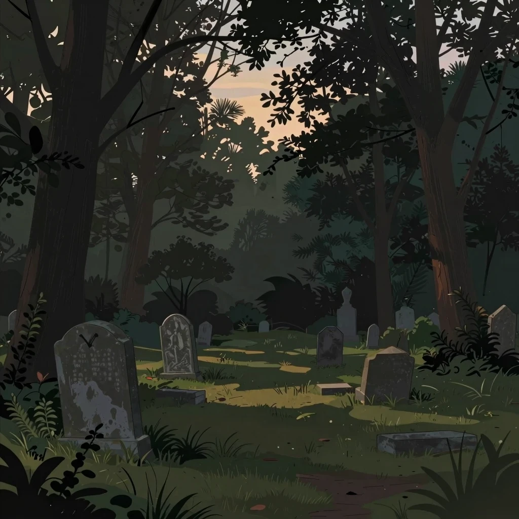 A serene, melancholic illustration of a quiet, overgrown for...