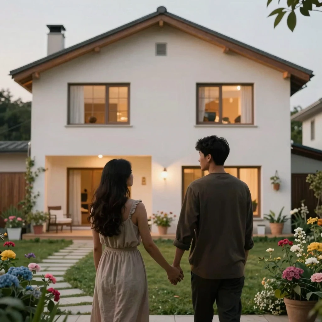 A cozy, modern house with a blooming garden, a silhouette of...