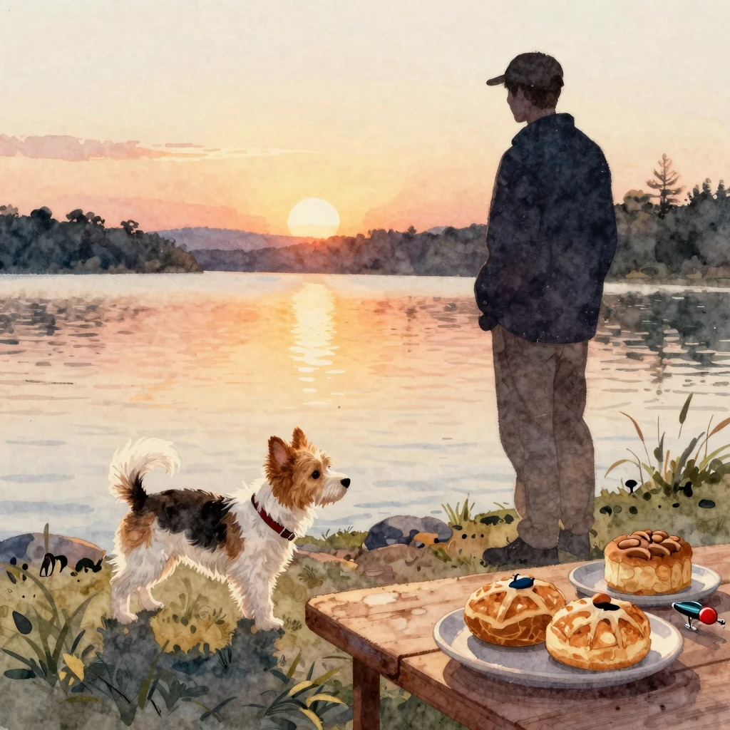 Watercolor painting of a small dog playing near a calm lake ...