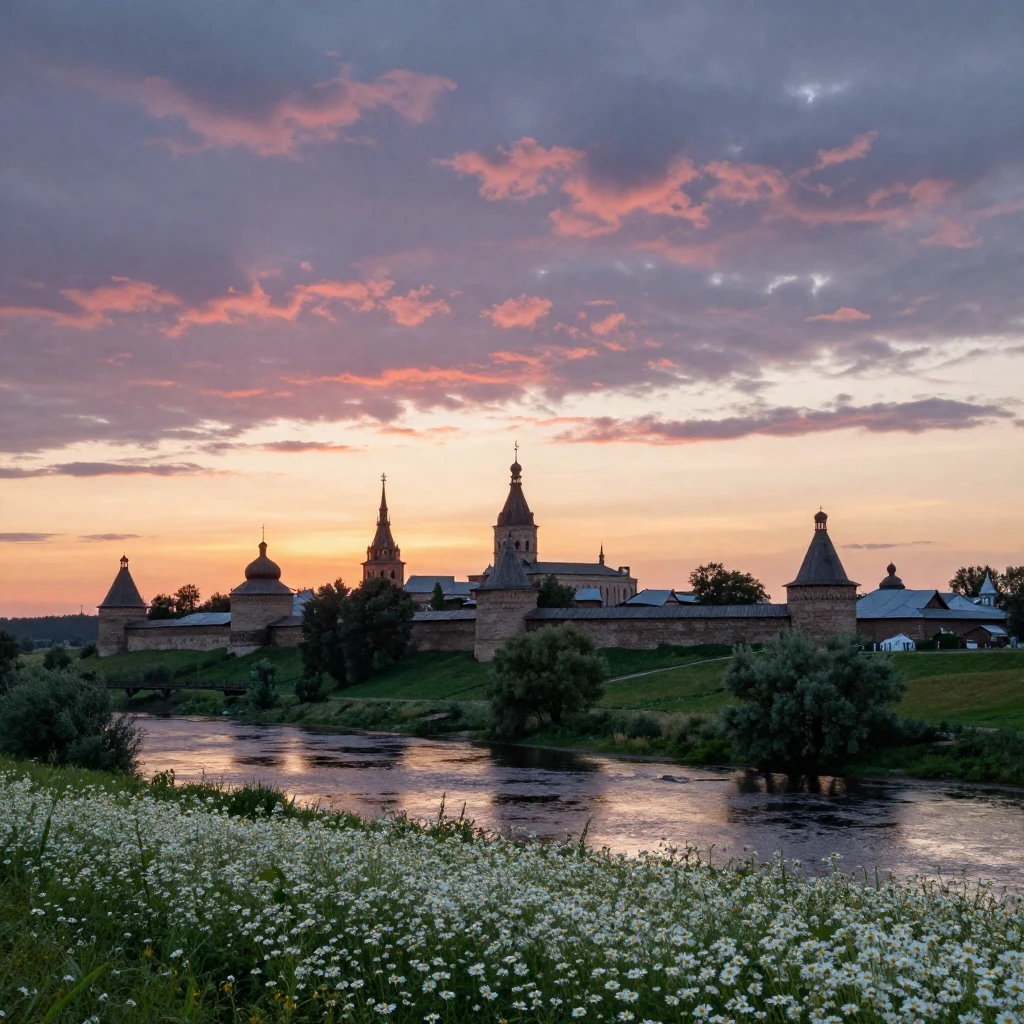 An ancient Russian city, Murom, at dawn. Focus on the city's...