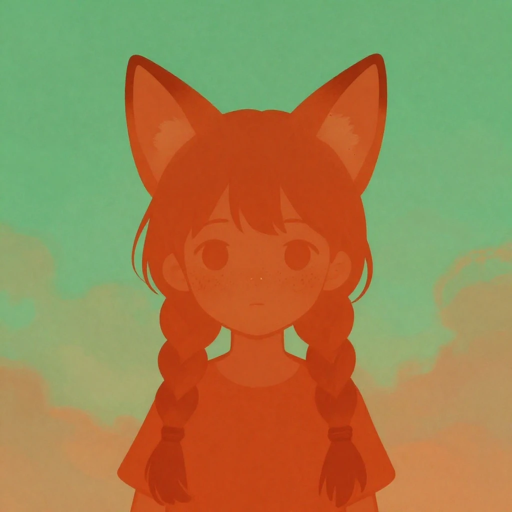 A whimsical, anime-inspired silhouette of a small, red-haire...