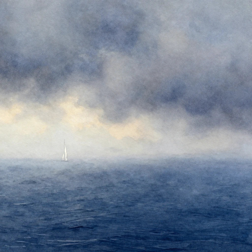 A watercolor painting of a vast, calm ocean at dawn, shroude...