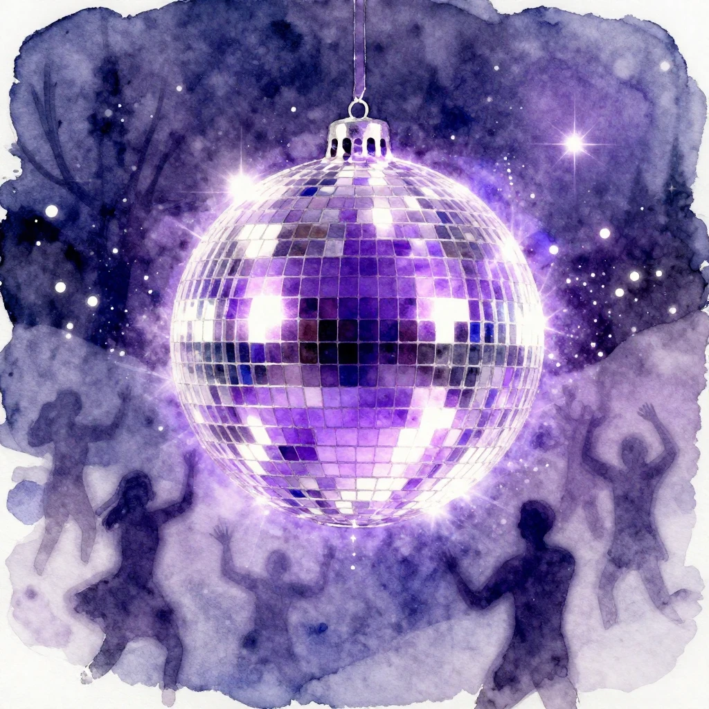 A watercolor painting of a bright disco ball reflecting purp...