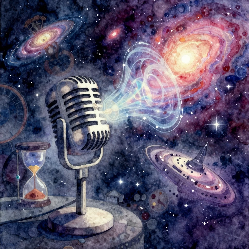 Vibrant watercolor style. A cosmic pirate radio station broa...
