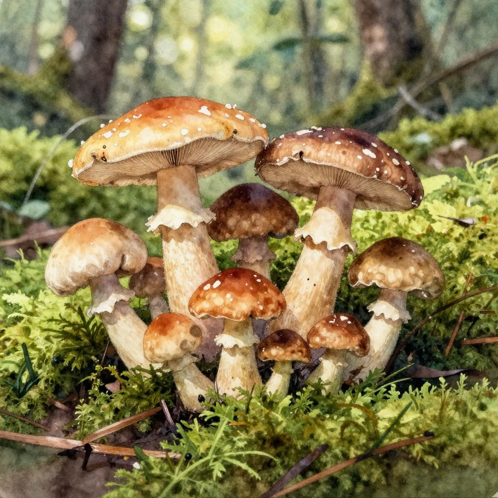 A watercolor painting of a cluster of various types of mushr...