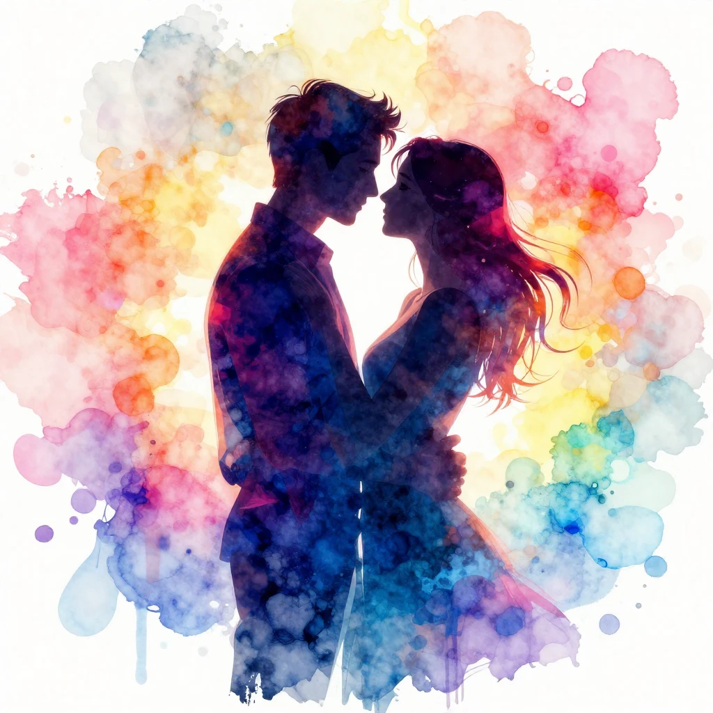 A couple silhouette with vibrant neon colors and bright ligh...