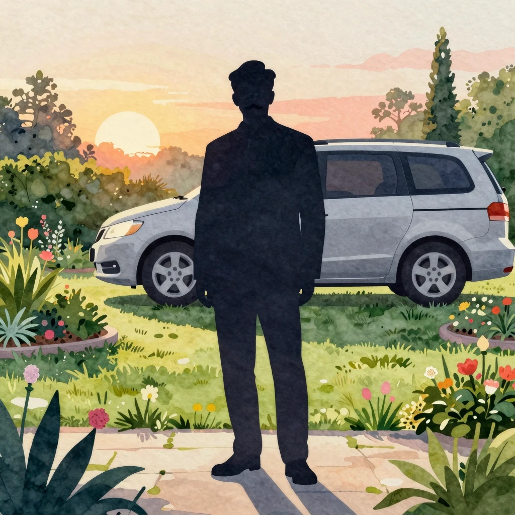Watercolor style. A silhouette of a kind man with a mustache...