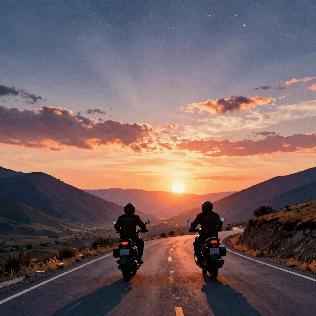 Epic silhouette of two motorcyclists riding into a sunset on...