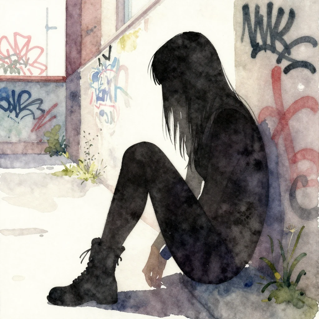 Watercolor painting of a silhouette of a figure with long em...