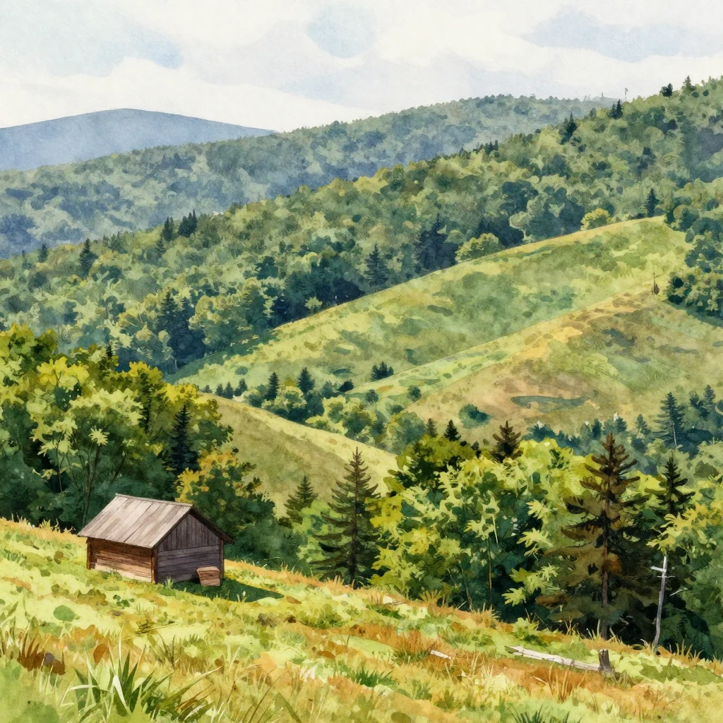 A serene Appalachian landscape, rendered in a vibrant waterc...