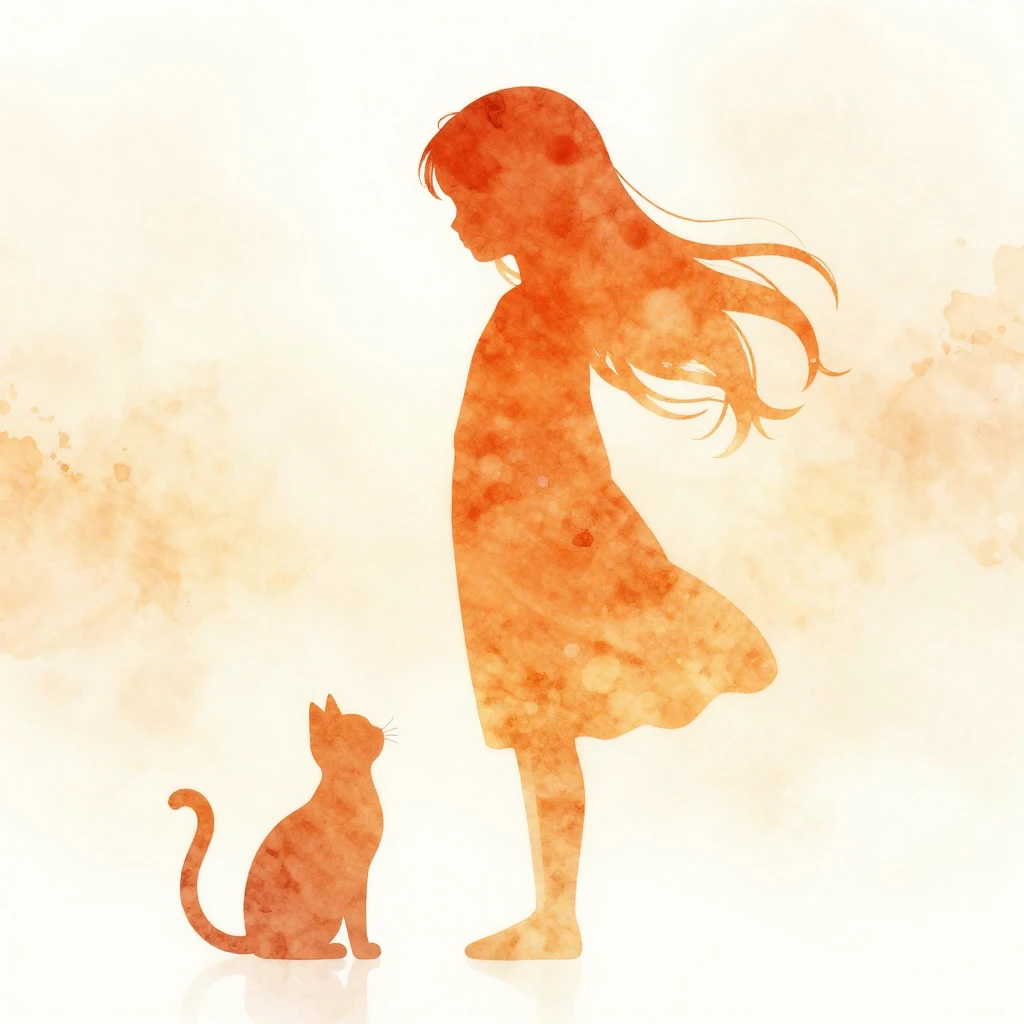 A minimalist watercolor silhouette of a girl with long, flow...