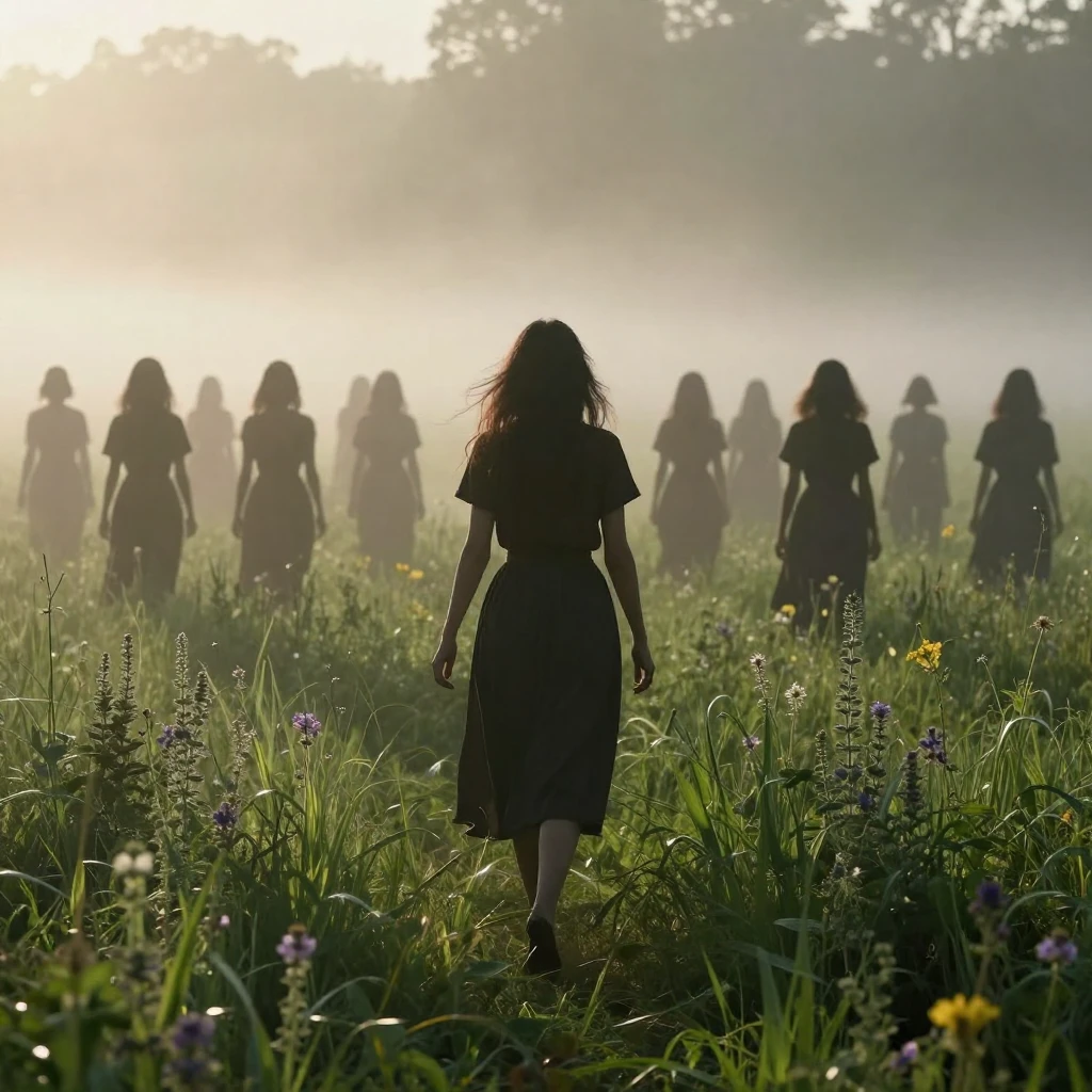 A silhouette of a graceful woman leading a large group of wo...