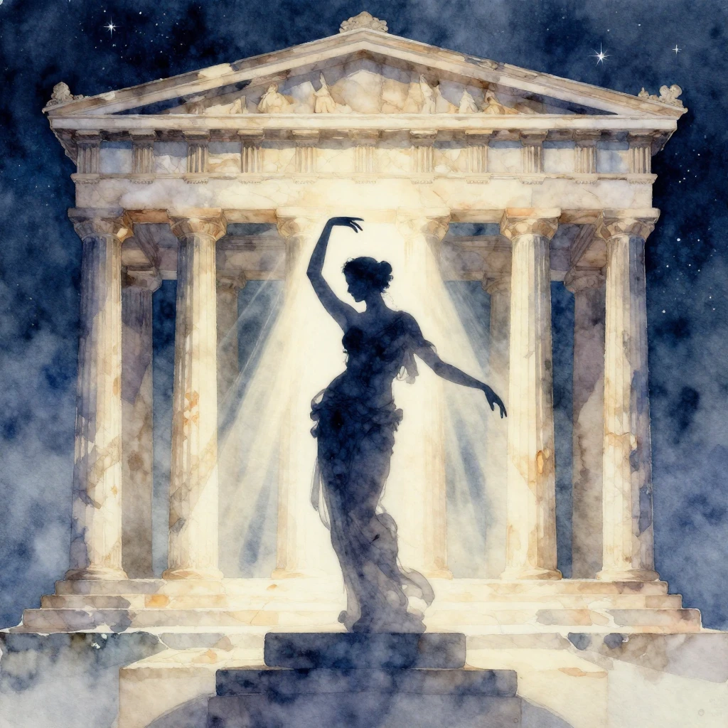 A watercolor painting of a graceful silhouette of a muse dan...