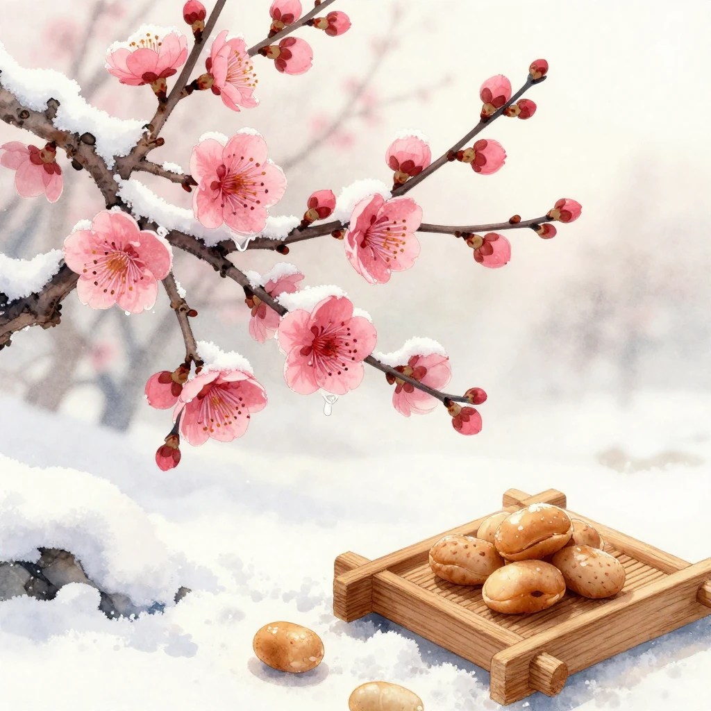 A delicate watercolor painting showing pink plum blossoms wi...