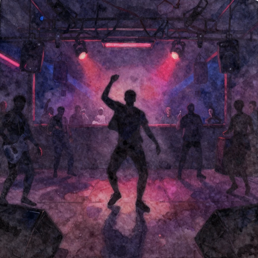 Vibrant watercolor painting of a dark, empty rave dancefloor...