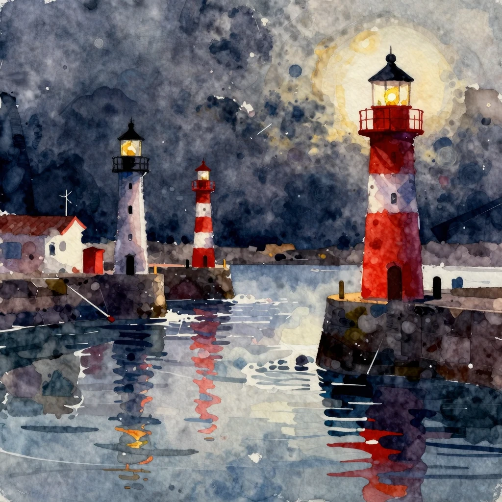 Vibrant watercolor style. Abstract dark harbor with distorte...