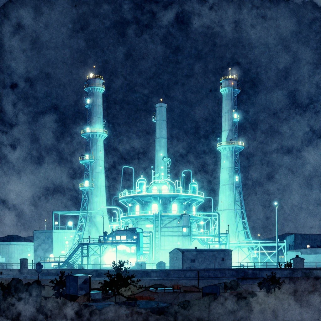 A glowing futuristic energy plant at night, depicted with vi...