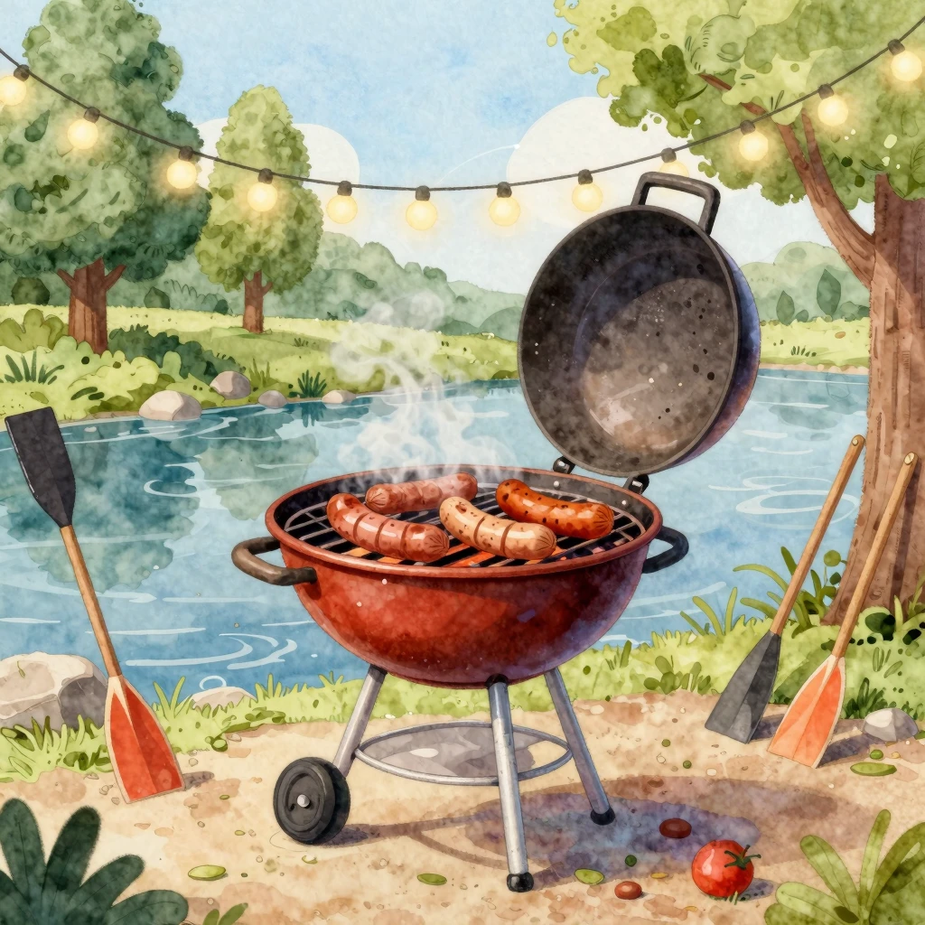 Watercolor style humorous 3D illustration of a huge barbecue...
