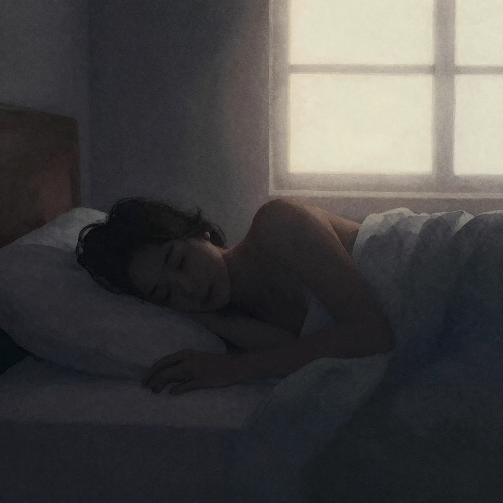 A blurry silhouette of a person slowly waking up in a dark b...