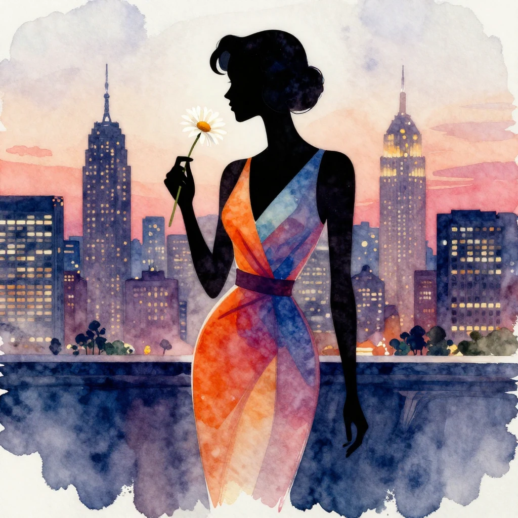 A vibrant watercolor painting of a sophisticated woman's sil...