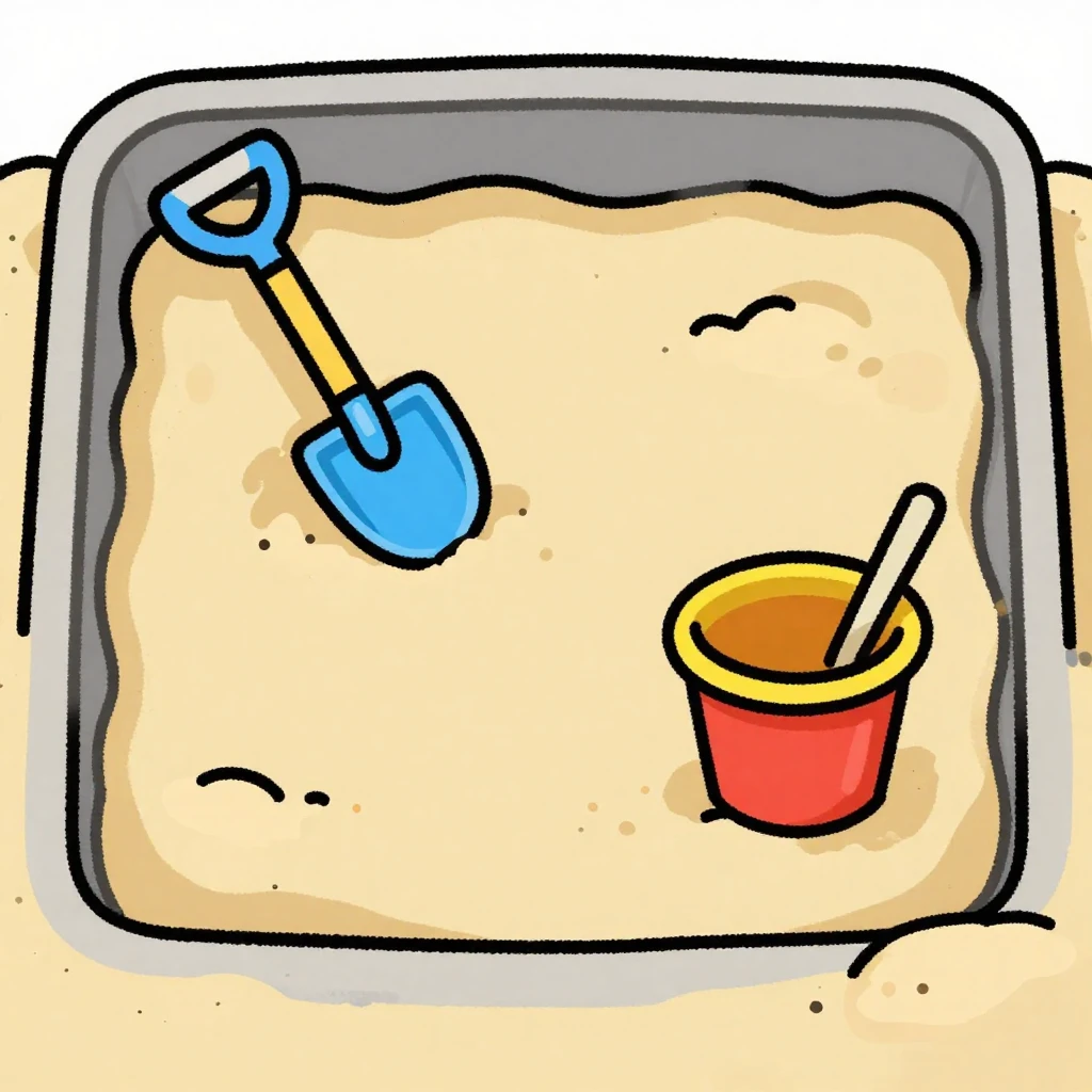 A simple, cartoonish sandbox filled with sand, possibly with...