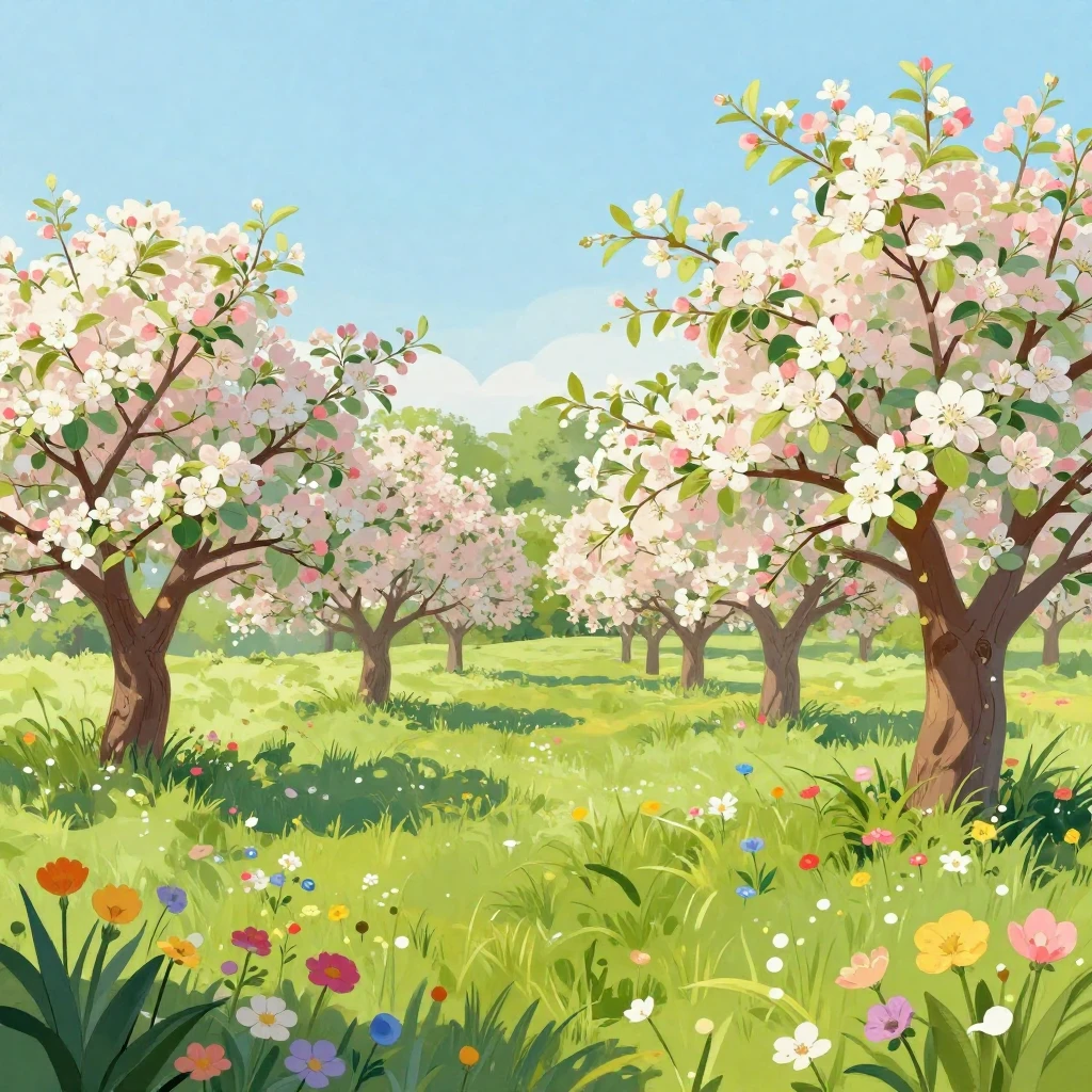 A vibrant, serene illustration of a landscape in full spring...