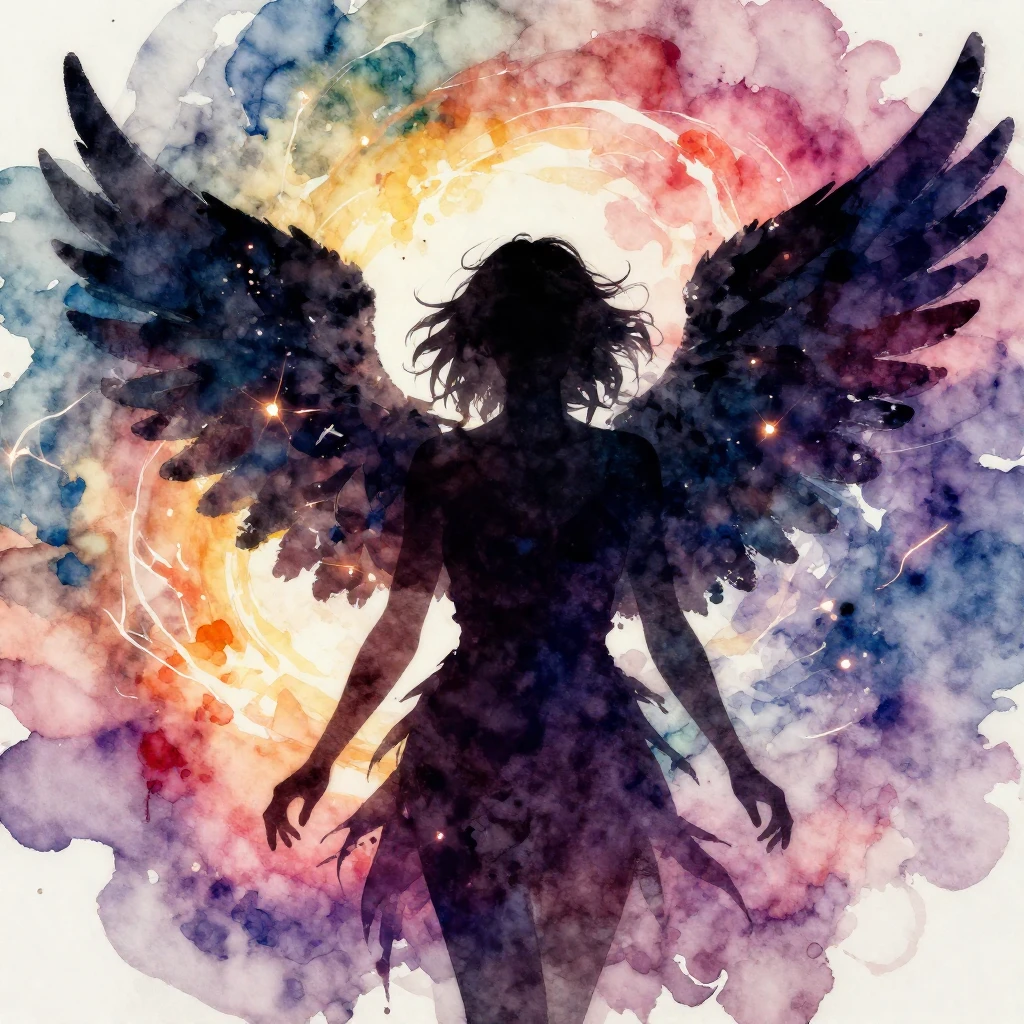 Vibrant watercolor style silhouette of a woman, half angelic...