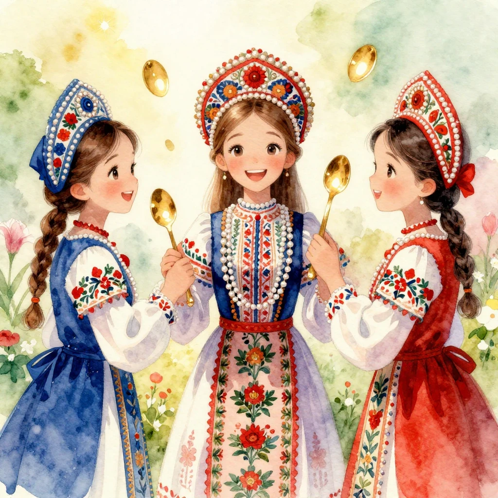 Vibrant watercolor style image of girls in traditional dress...