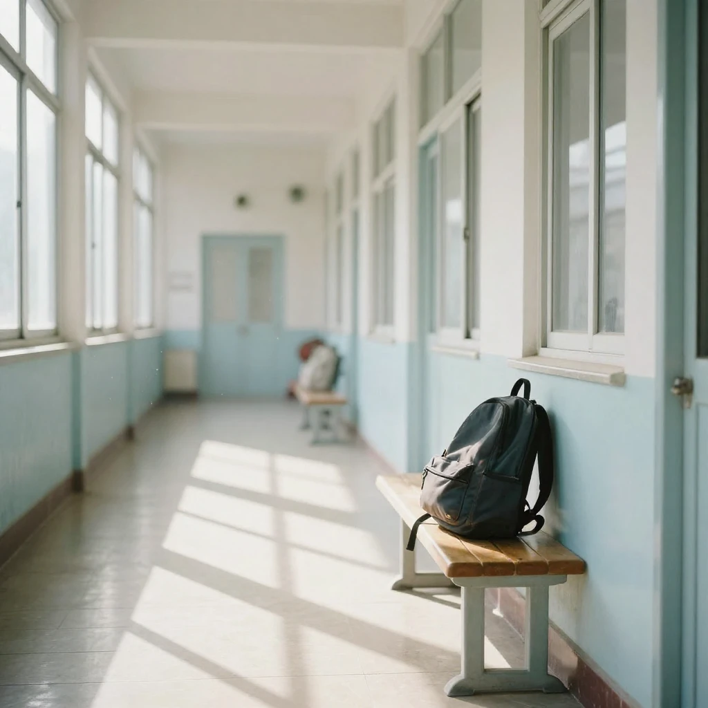 An empty school corridor with sunlight streaming through lar...