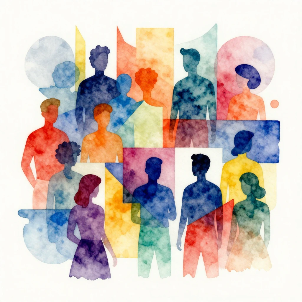 A watercolor painting featuring abstract geometric shapes in...