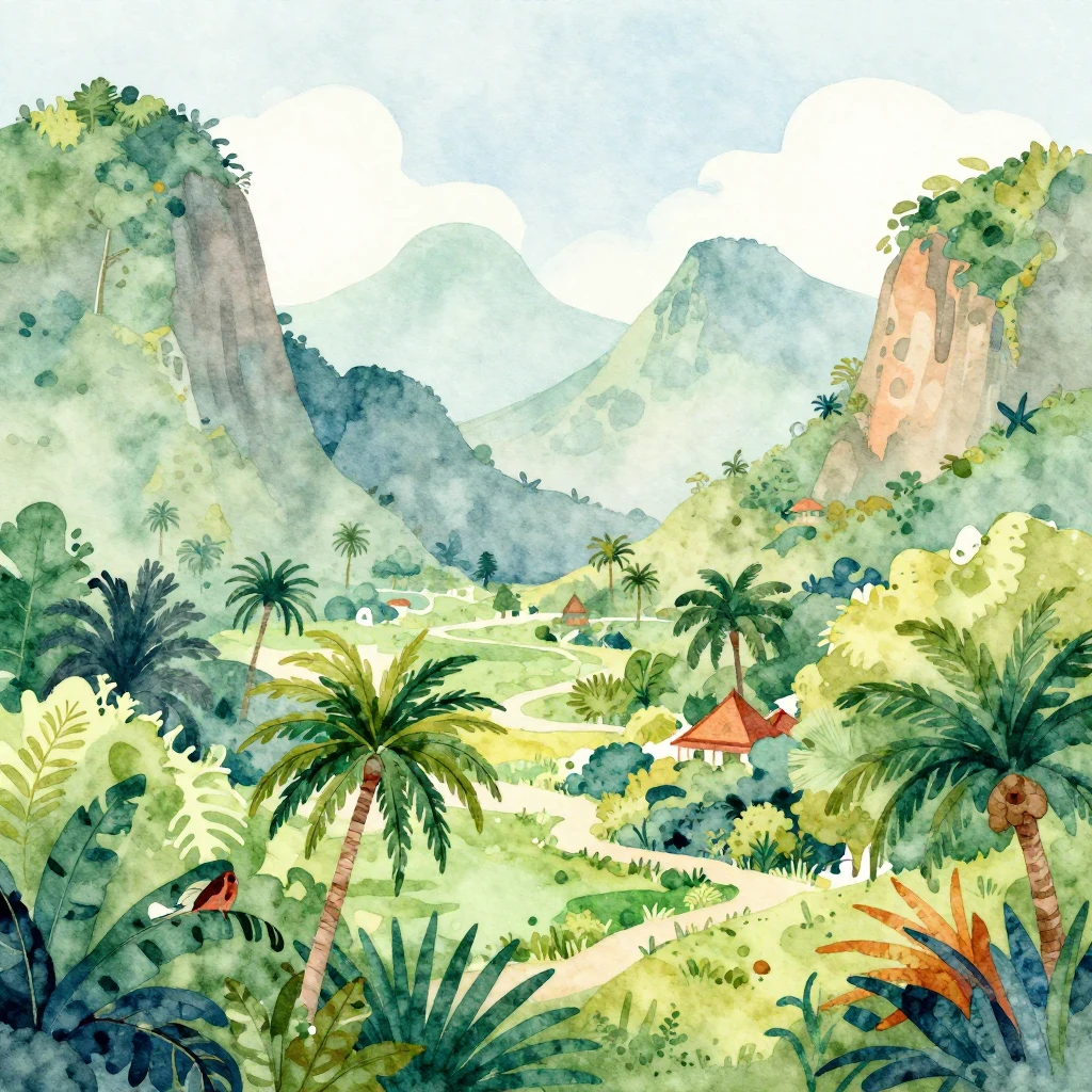A vibrant watercolor illustration depicting a lush tropical ...