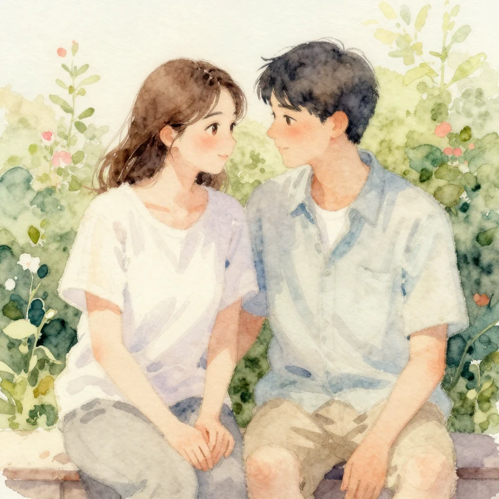 A watercolor painting showing two individuals sharing a warm...