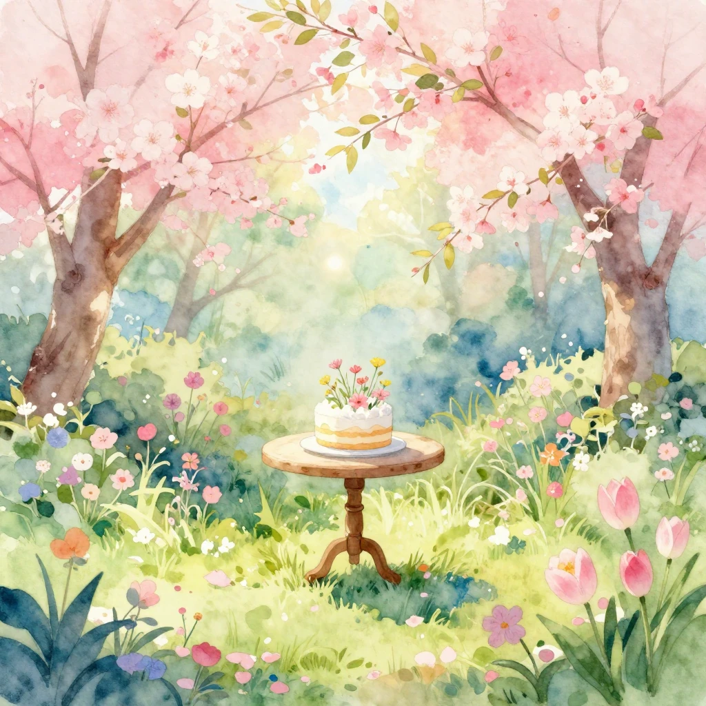A beautiful watercolor painting of a lush spring garden in f...