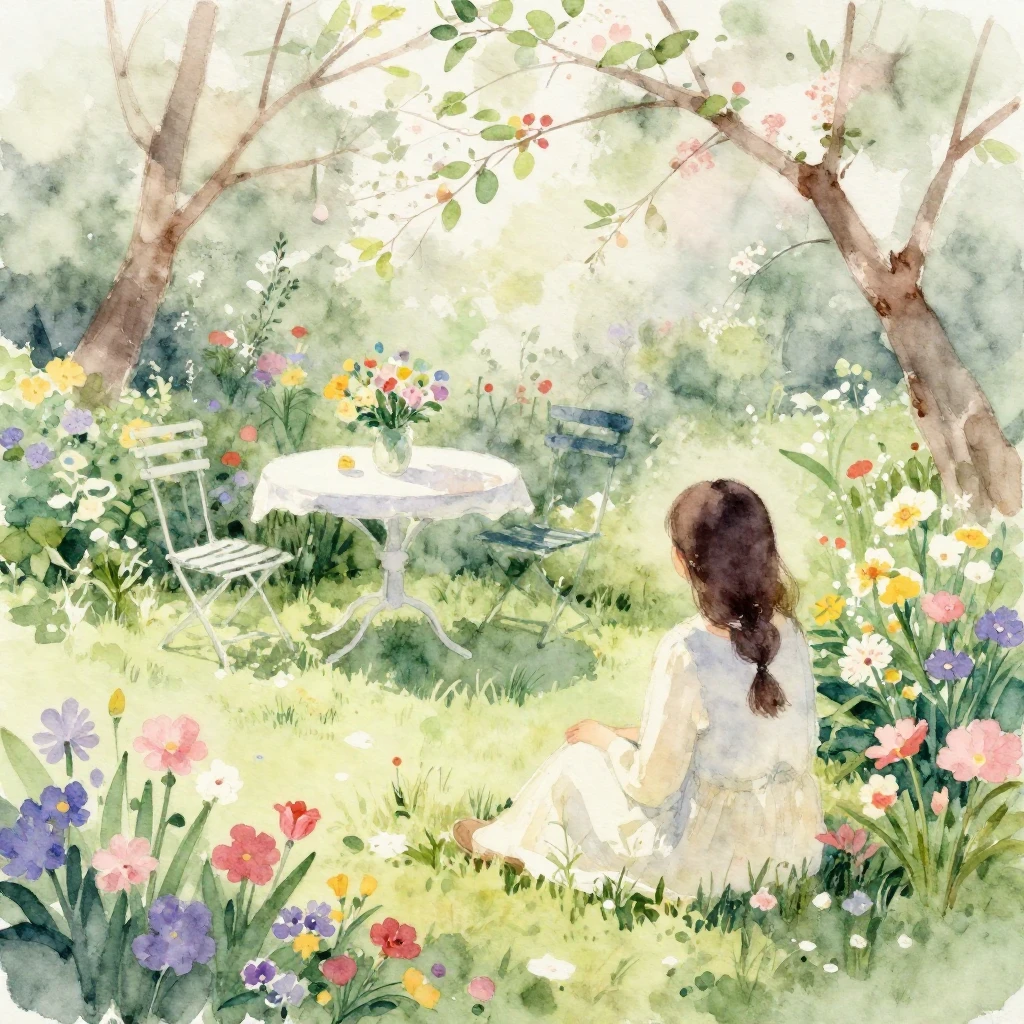 A watercolor painting of a serene garden scene with soft spr...
