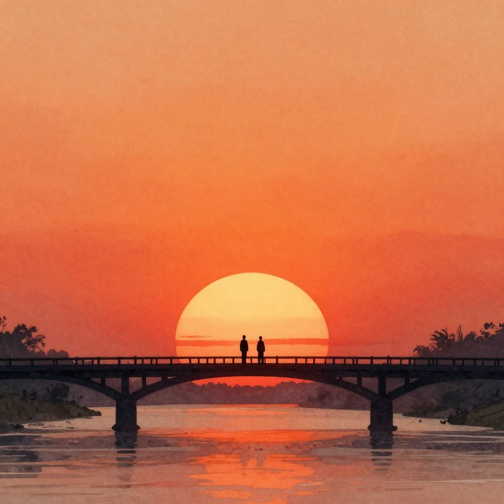 Watercolor style. A minimalist silhouette of two figures sta...