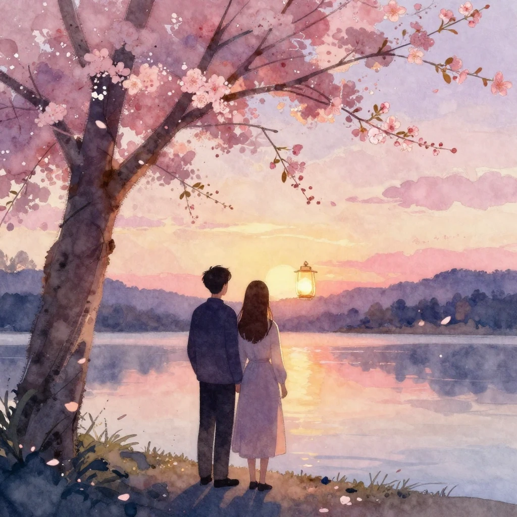 A watercolor illustration of a couple silhouetted against a ...