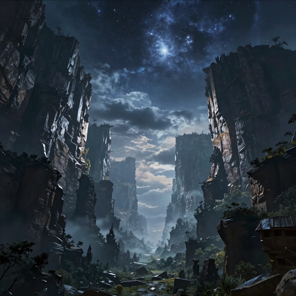 A vast, imaginative fantasy landscape under a dramatic night...