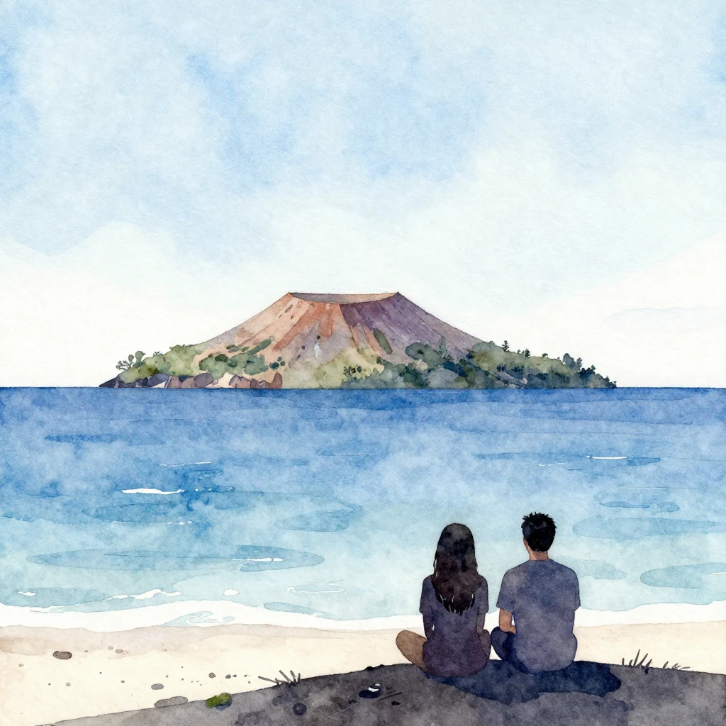 A watercolor painting of a quiet volcanic island in the midd...