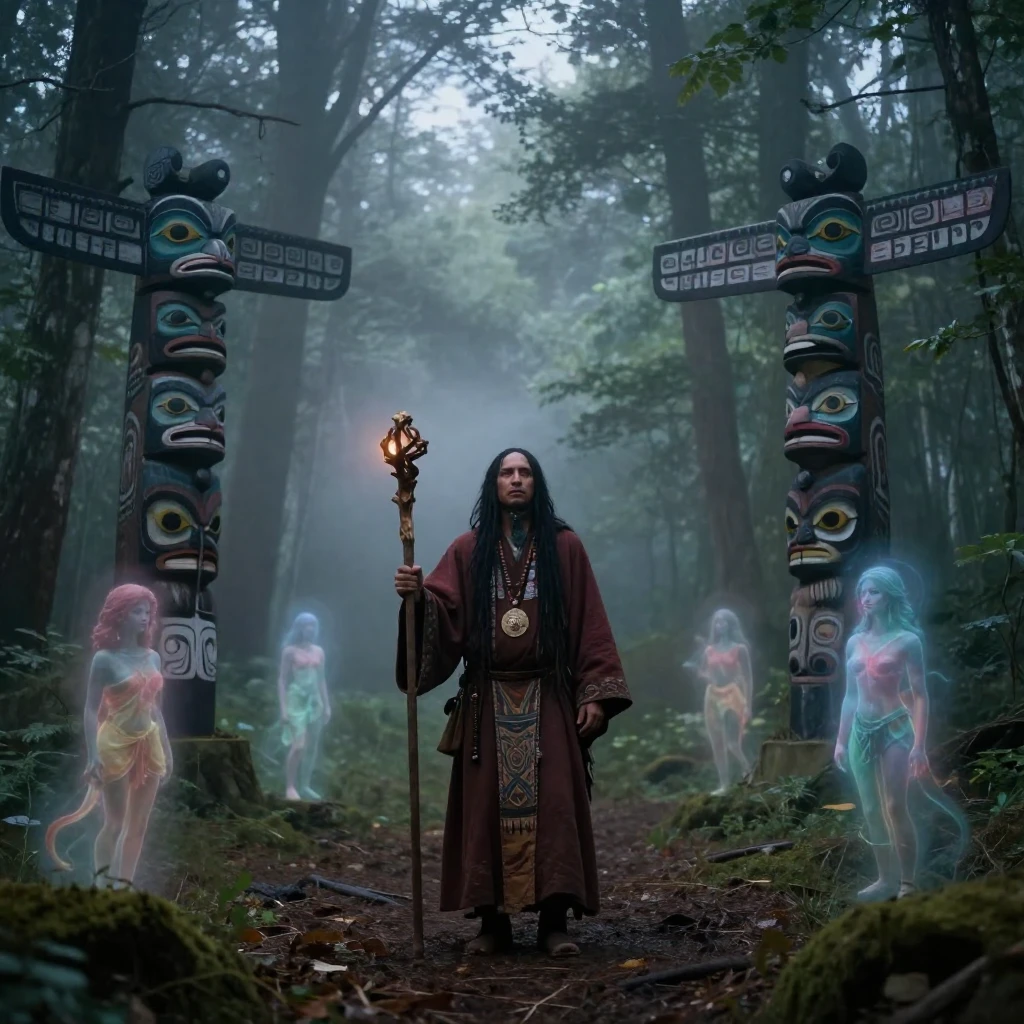 A shamanic ritual taking place in a misty forest clearing at...