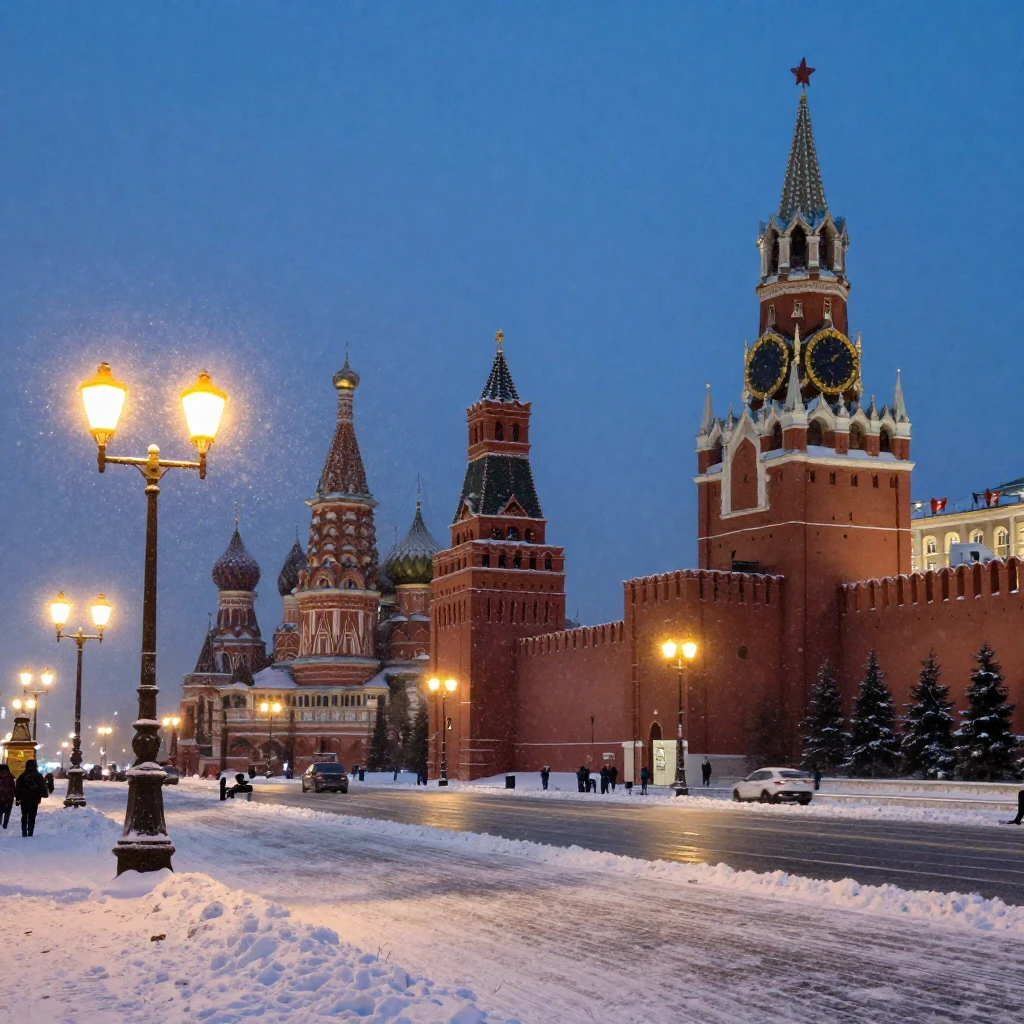 A serene, snow-covered Red Square in Moscow at dusk, with th...