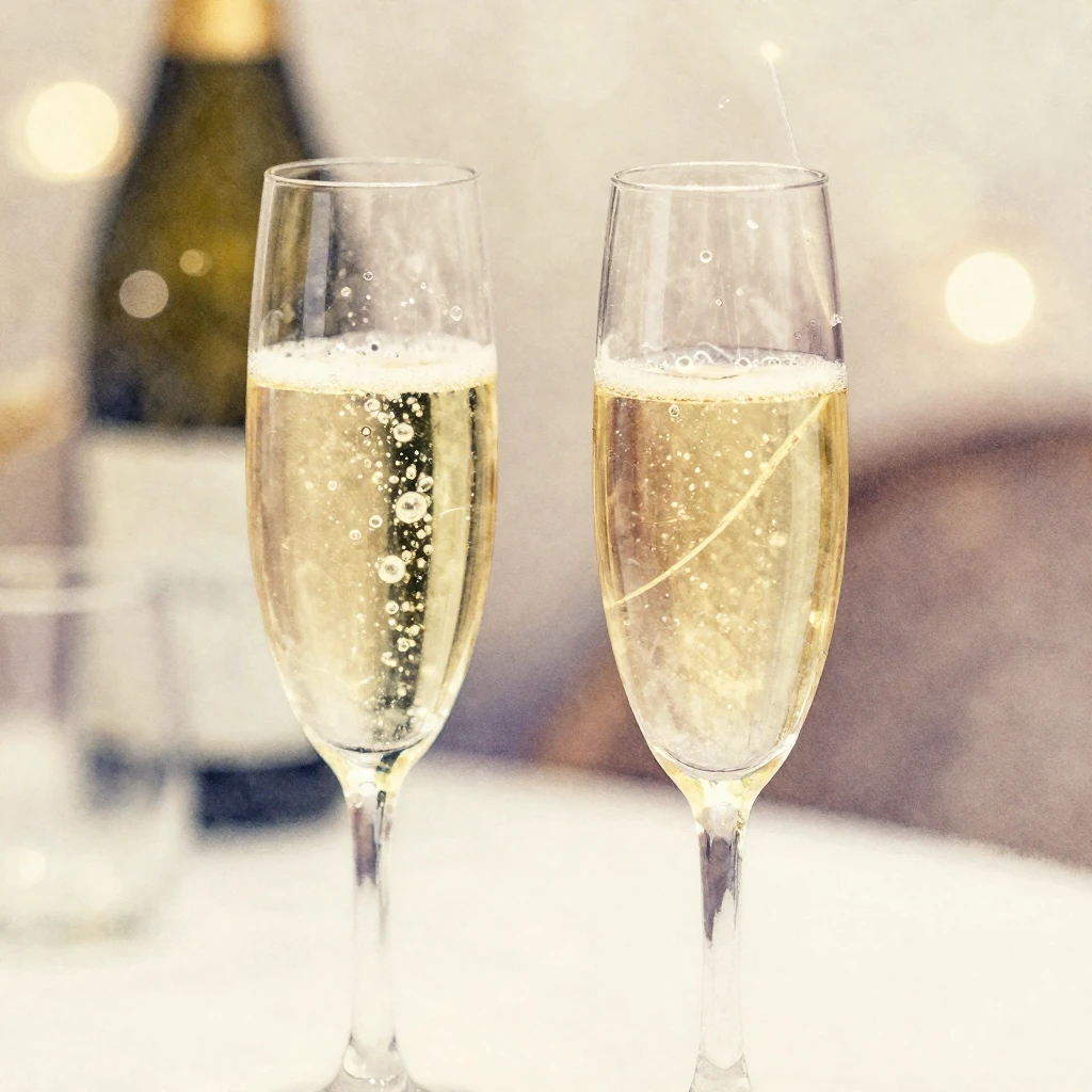 A watercolor painting of two elegant champagne flutes filled...