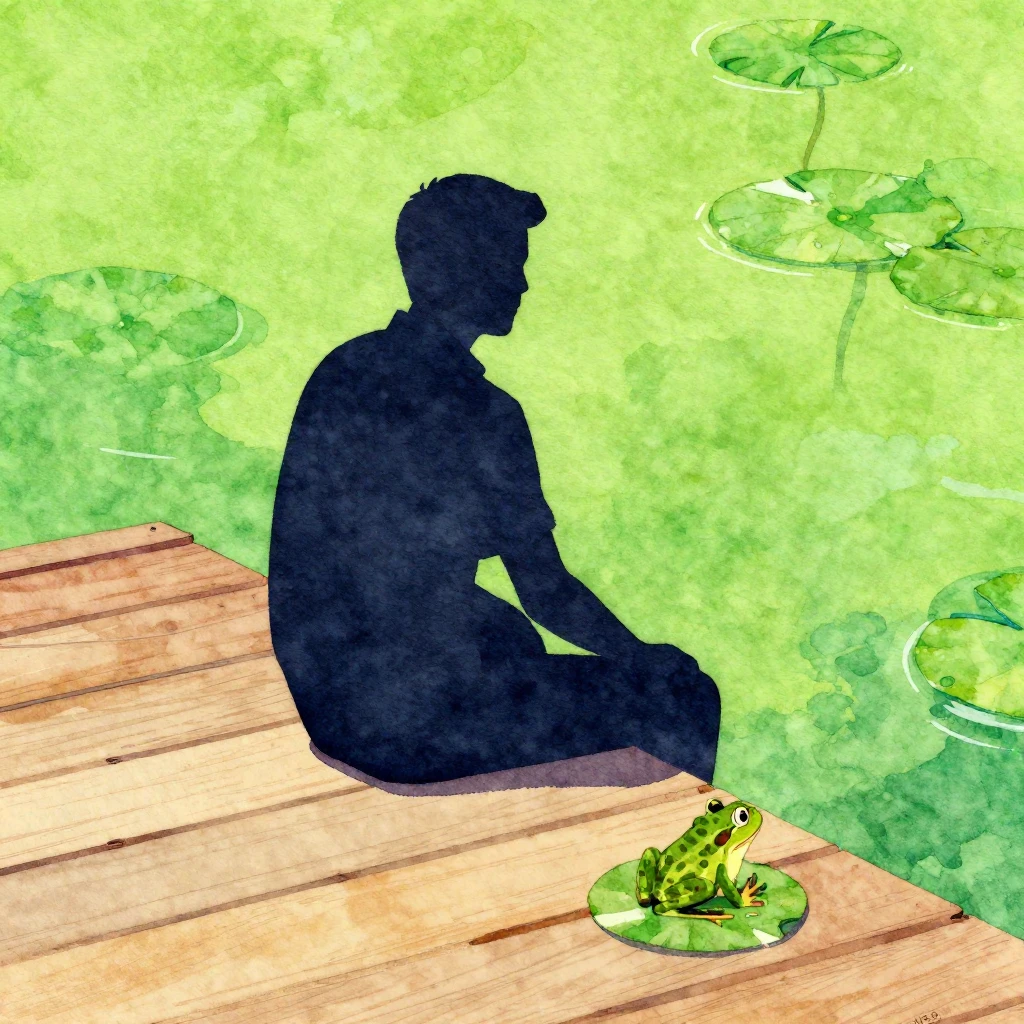 Watercolor painting of a man's silhouette sitting on a woode...